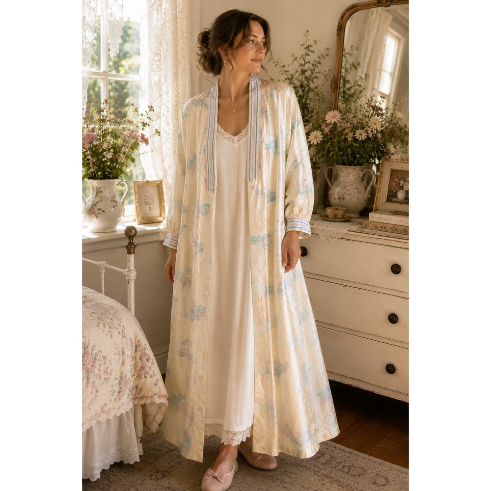 Vintage‎ Reasa Martin Floral Duster Robe Ivory Blue Pink Arnel Nylon Medium USA
